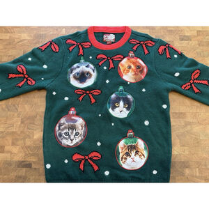 Adult Ugly Christmas Party Sweater Dec 25th Green Cats Ornaments- Size Medium
